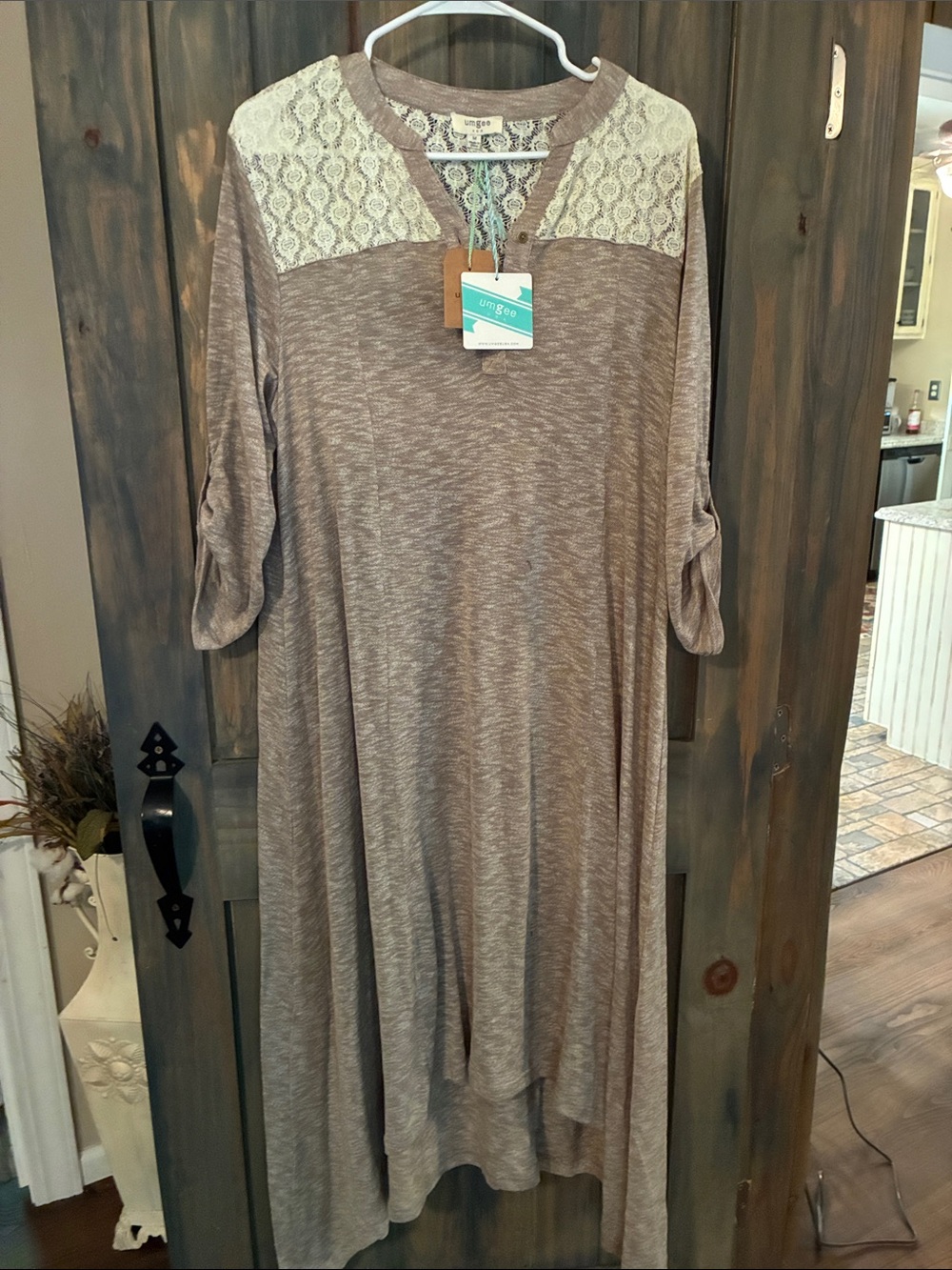 Umgee Taupe Maxi Dress with Cream Lace Yoke